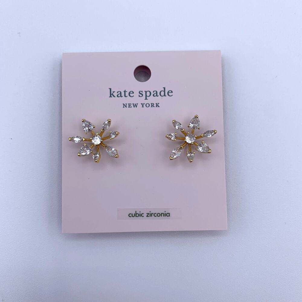 NWT KATE SPADE Snow Day Cubic Zirconia Gold Snowflake Stud Earrings - Picture 2 of 10
